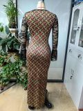 Spring-Fall Slim Fit Women Lace Patchwork Low-Cut Sexy Bell Sleeve Long Dress