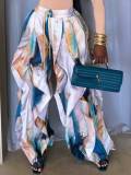 Artistic Tie-Dye Drawstring High-Waist Ruffle Blue-Orange Color Block Loose Casual Pants
