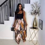 Artistic Tie-Dye Drawstring High-Waist Ruffle Blue-Orange Color Block Loose Casual Pants