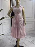 Spring Women Striped Turndown Collar Sleeveless Dress Tie Slim Waist Chic Mid-Pleated Dress