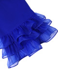 Plus Size Women Summer Blue V-Neck Slim Waist Mermaid Short Sleeve Layered Ruffle Mid-Length Dress