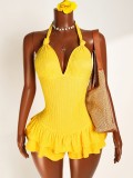 Yellow Halter Neck Ruched Slim Waist Slim Fit Jumpsuit