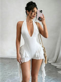 Summer Sexy Lace-Up V-Neck Halter Neck Low Back Side Tie Jumpsuit