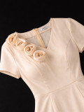 Plus Size Women Summer Champagne V-Neck Floral Slim Waist Mermaid Bodycon Dress