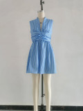 Spring Women Fashion Striped Sleeveless Slim Waist Flared Short Dress