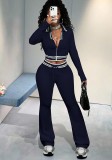 Fashion Women Zip Short Open Waist Top Tight-Fitting Casual Pants Sports Two-Piece Set