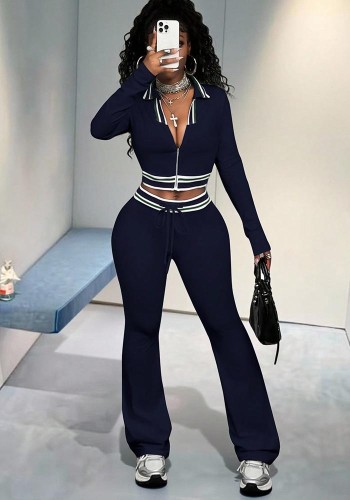 Fashion Women Zip Short Open Waist Top Tight-Fitting Casual Pants Sports Two-Piece Set