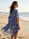 Navy Tie-Dye Plaid Tassel Knitting Beach Cover-Up Holidays Sun-Protective Cardigan