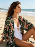 Tropical Hibiscus Print Long Beach Cover-Up Loose Open Front Cardigan Dress