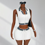 Casual Women Fashion Turndown Collar Solid Sleeveless Crop Top Drawstring Skirt Set