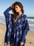 Navy Tie-Dye Plaid Tassel Knitting Beach Cover-Up Holidays Sun-Protective Cardigan