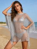 Fishnet Beach Cover-Up Dress Solid Color Tassel Loose Dress