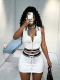 Casual Women Fashion Turndown Collar Solid Sleeveless Crop Top Drawstring Skirt Set
