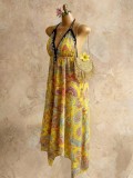 Boho Strappy Deep V Long Dress High-Waist Printed Summer Beach Low Back Sexy Dress