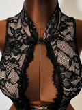Women Solid Sexy Lace Hollow Neck Sleeveless Tight-Fitting Fashion Bodysuit