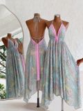 Boho Strappy Deep V Long Dress High-Waist Printed Summer Beach Low Back Sexy Dress