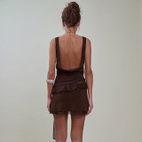 Summer Women Solid Color Strappy Low Back Knot Lace-Up Bodycon Mini Skirt Set