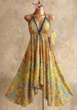 Boho Strappy Deep V Long Dress High-Waist Printed Summer Beach Low Back Sexy Dress