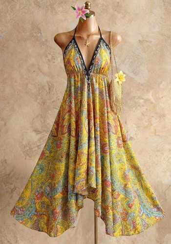 Boho Strappy Deep V Long Dress High-Waist Printed Summer Beach Low Back Sexy Dress