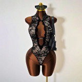 Women Solid Sexy Lace Hollow Neck Sleeveless Tight-Fitting Fashion Bodysuit