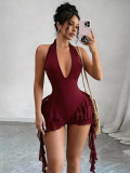 Summer Sexy Lace-Up V-Neck Halter Neck Low Back Side Tie Jumpsuit