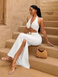 Women Halter Neck Sleeveless Strapless Hollow Out High-Waist Split Long Dress