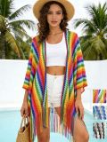 Rainbow Stripe Crochet Hollow Beach Cover-Up Tassel Loose Boho Cardigan
