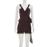 Summer Women Solid Color Strappy Low Back Knot Lace-Up Bodycon Mini Skirt Set