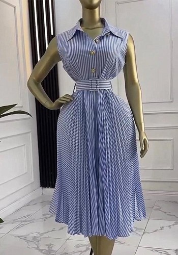 Spring Women Striped Turndown Collar Sleeveless Dress Tie Slim Waist Chic Mid-Pleated Dress