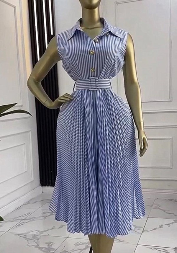 Spring Women Striped Turndown Collar Sleeveless Dress Tie Slim Waist Chic Mid-Pleated Dress