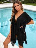 White Cotton Ruffle Beach Cover-Up V-Neck Loose Shirt Dress
