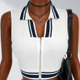 Casual Women Fashion Turndown Collar Solid Sleeveless Crop Top Drawstring Skirt Set