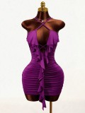 Ruched Dress Sexy Low Back V-Neck Bodycon Ruffle Mini Dress