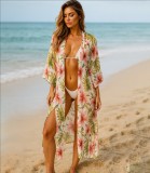 Tropical Hibiscus Print Long Beach Cover-Up Loose Open Front Cardigan Dress