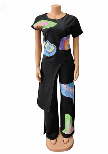 Spring Two-Piece Irregular Print Casual Plus Size Women Pants Set