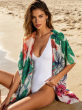 Tropical Plant Print Beach Cover-Up V-Neck Loose Knitting Shawl Cardigan