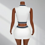 Casual Women Fashion Turndown Collar Solid Sleeveless Crop Top Drawstring Skirt Set
