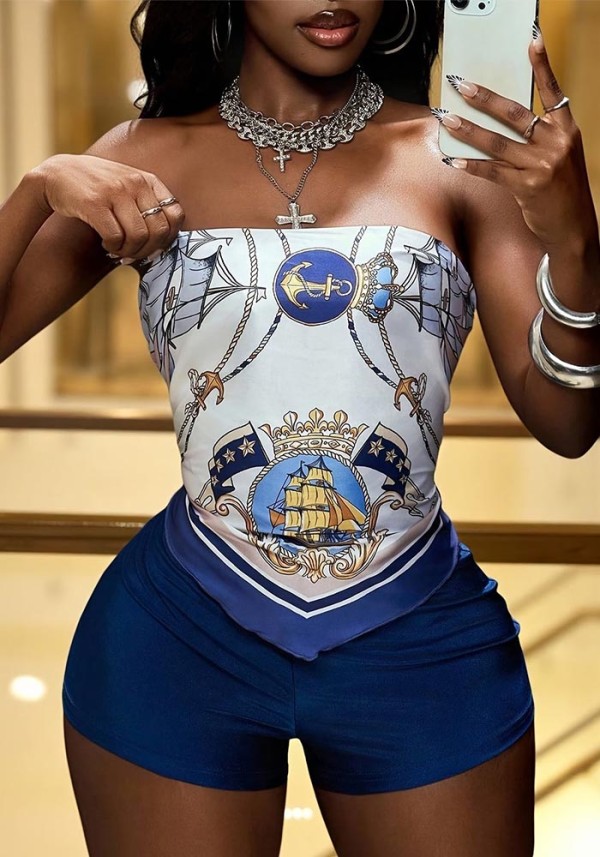 Women Strap Print Holidays Two-Piece Shorts Set