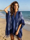Navy Tie-Dye Plaid Tassel Knitting Beach Cover-Up Holidays Sun-Protective Cardigan