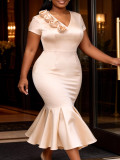 Plus Size Women Summer Champagne V-Neck Floral Slim Waist Mermaid Bodycon Dress