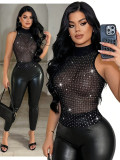 Fashion Sexy Women Black Stretch Tight-Fitting See-Through Mesh Stand Collar Tank Top
