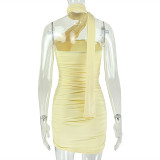 Slim Fit Women Halter Neck Chic Ruched Strapless Solid Lace-Up Bodycon Dress