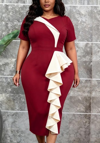 Plus Size Women Summer Burgundy Color-Block Bodycon Dress Asymmetric Ruffle Short Sleeve Office Dress