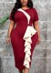 Plus Size Women Summer Burgundy Color-Block Bodycon Dress Asymmetric Ruffle Short Sleeve Office Dress