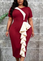 Plus Size Women Summer Burgundy Color-Block Bodycon Dress Asymmetric Ruffle Short Sleeve Office Dress Plus Size Women Summer Burgundy Color-Block Bodycon Dress Asymmetric Ruffle Short Sleeve Office Dress