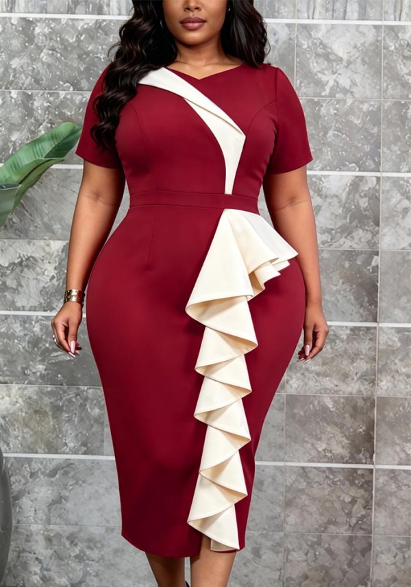 Plus Size Women Summer Burgundy Color-Block Bodycon Dress Asymmetric Ruffle Short Sleeve Office Dress