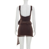 Summer Women Solid Color Strappy Low Back Knot Lace-Up Bodycon Mini Skirt Set