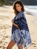 Navy Tie-Dye Plaid Tassel Knitting Beach Cover-Up Holidays Sun-Protective Cardigan