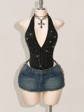 Summer Women Sequin Rhinestone Deep Neck One-Piece Sexy Swimsuit