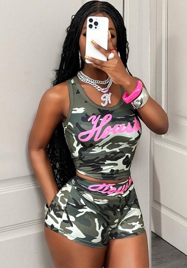 Short Camouflage Tank Top Slim Fit Women Summer Casual Shorts Fashion Two-Piece Set